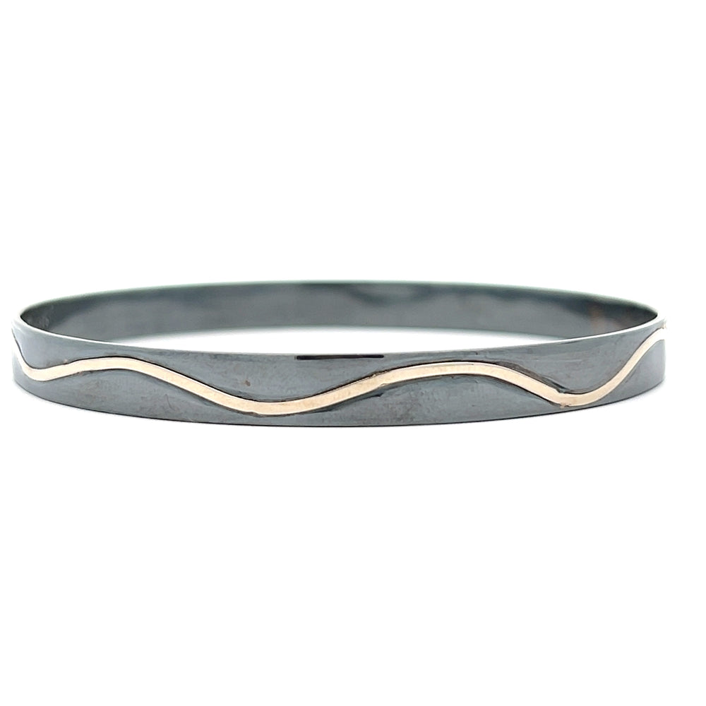 Oxidized Sterling Silver and 14k White Gold Pathways 7.5" Bangle Bracelet by Paul Richter