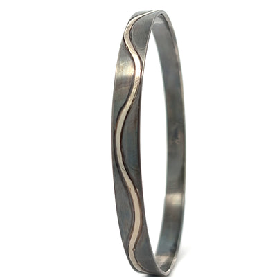 Oxidized Sterling Silver and 14k White Gold Pathways 8.5" Bangle Bracelet by Paul Richter