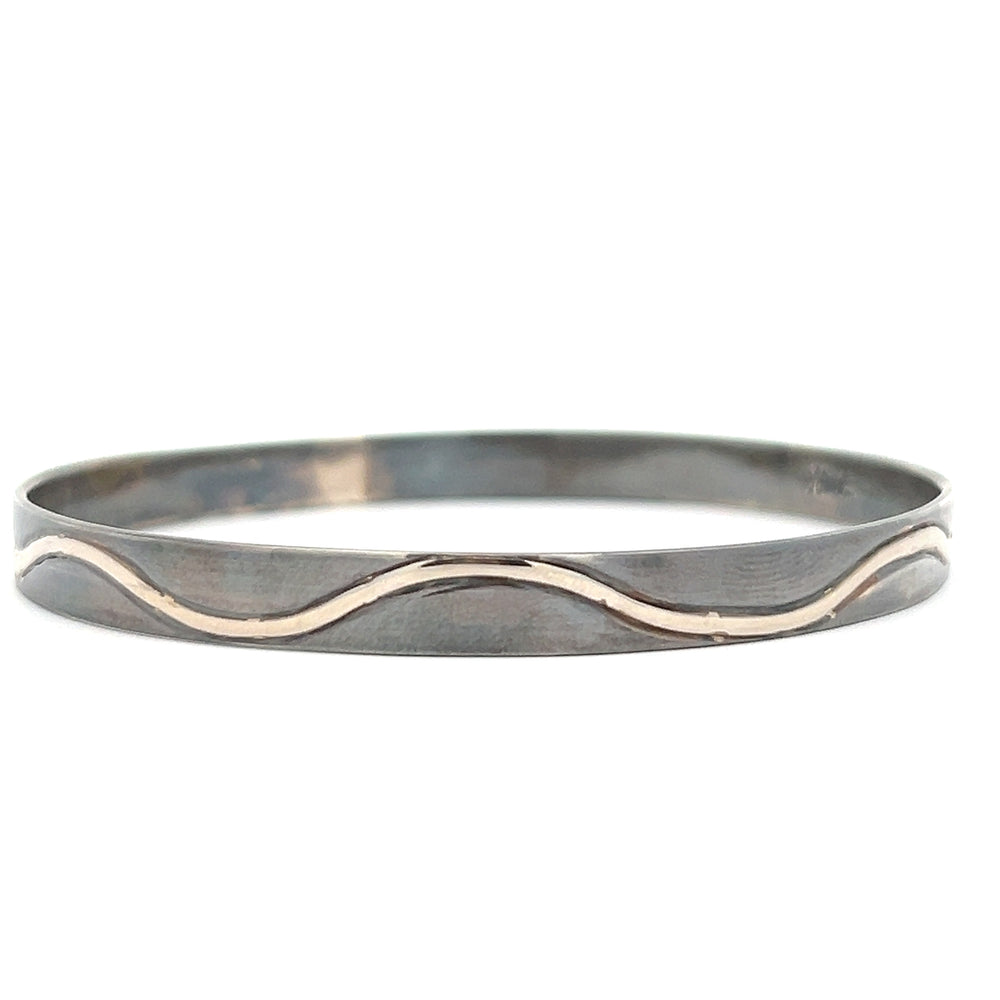 Oxidized Sterling Silver and 14k White Gold Pathways 8.5" Bangle Bracelet by Paul Richter