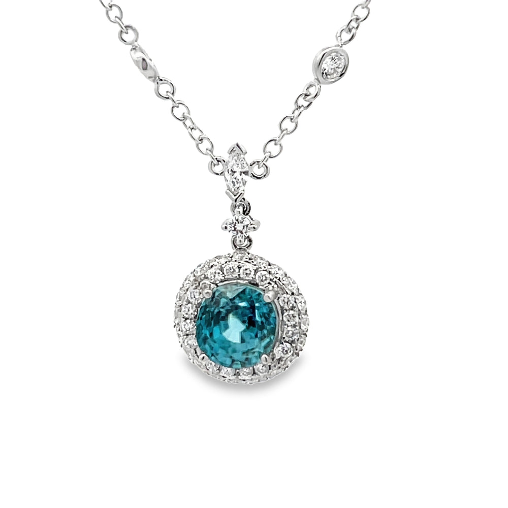 18k White Gold Round Blue Zircon and Diamond Halo Station Necklace (3.01ct.)