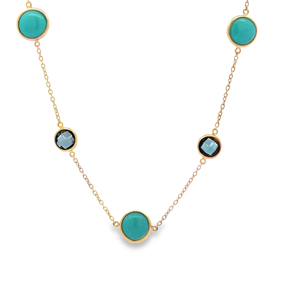 14k Yellow Gold Round Briolette Turquoise and Blue Topaz Bezel Set Station Necklace
