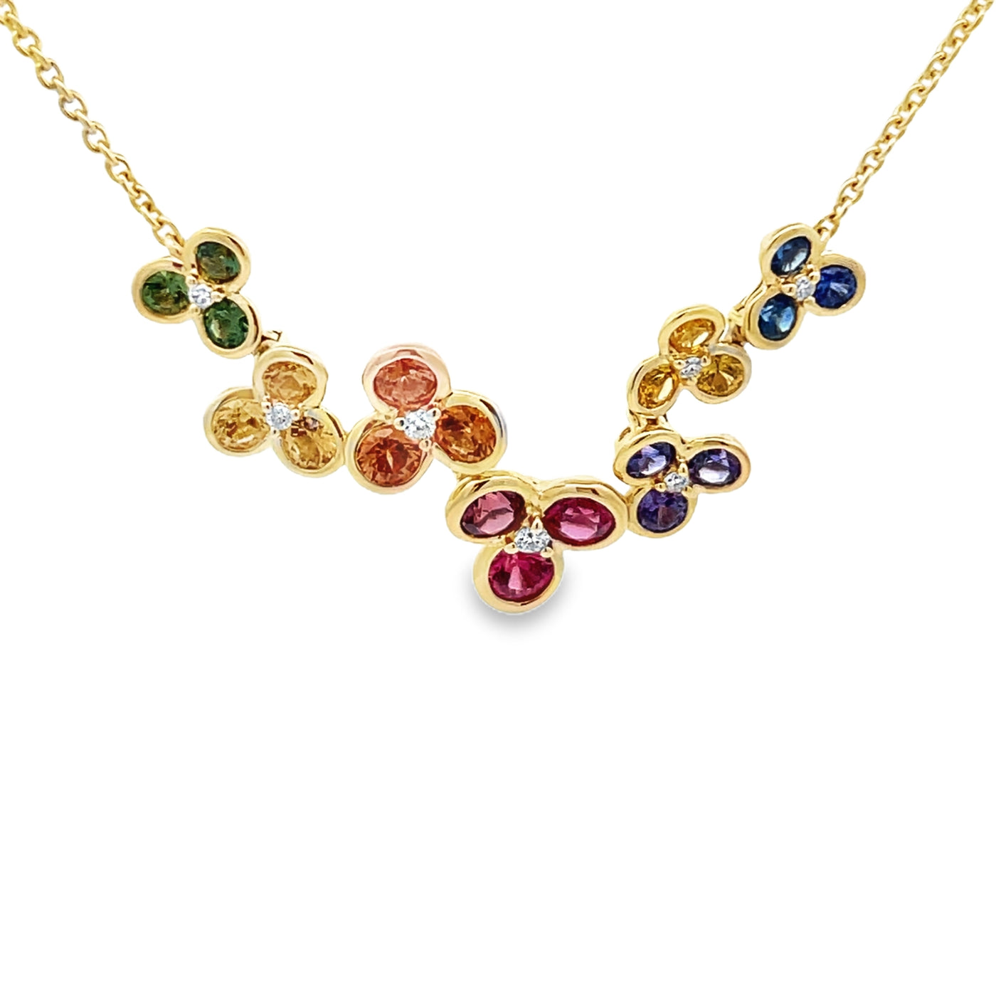 14k Yellow Gold Round Multicolor Sapphire Bezel Set Flower Necklace (1.79ctw.)