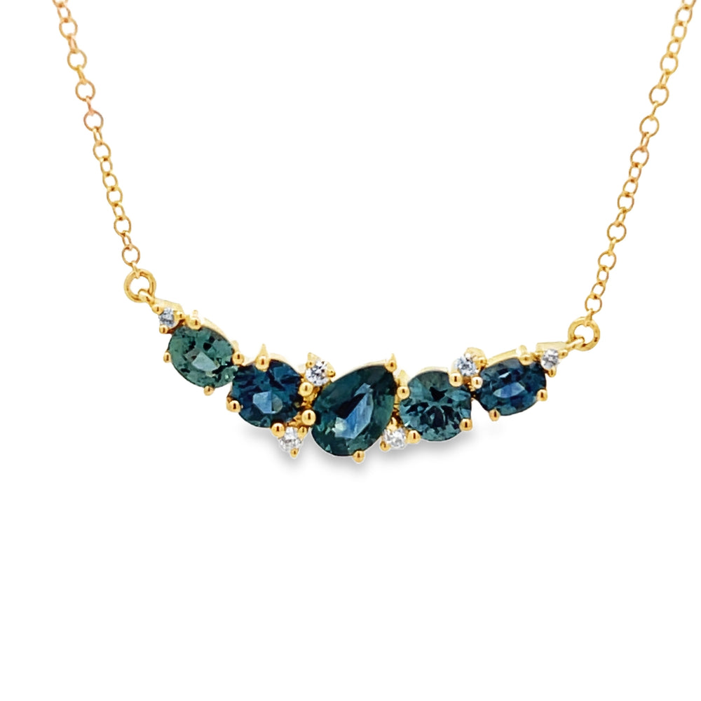 14k Yellow Gold Curved Bar Montana Sapphire and Diamond Necklace (1.47ctw.)