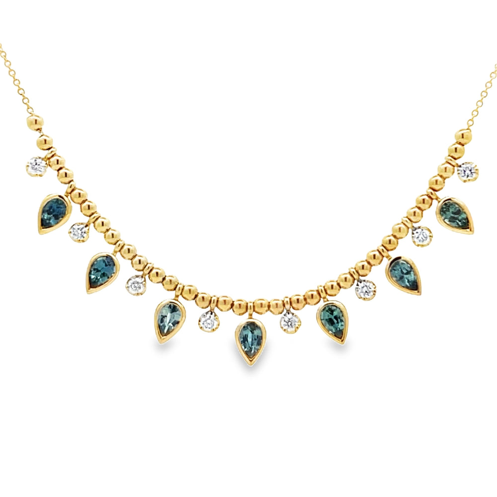 14k Yellow Gold Pear Shape Montana Sapphire and Round Diamond Bezel Set Necklace (1.88ctw)