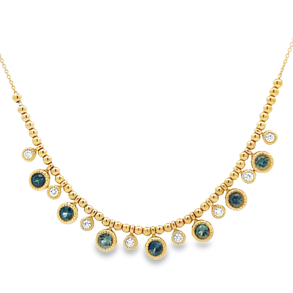 14k Yellow Gold Round Montana Sapphire and Diamond Necklace (1.44ctw.)