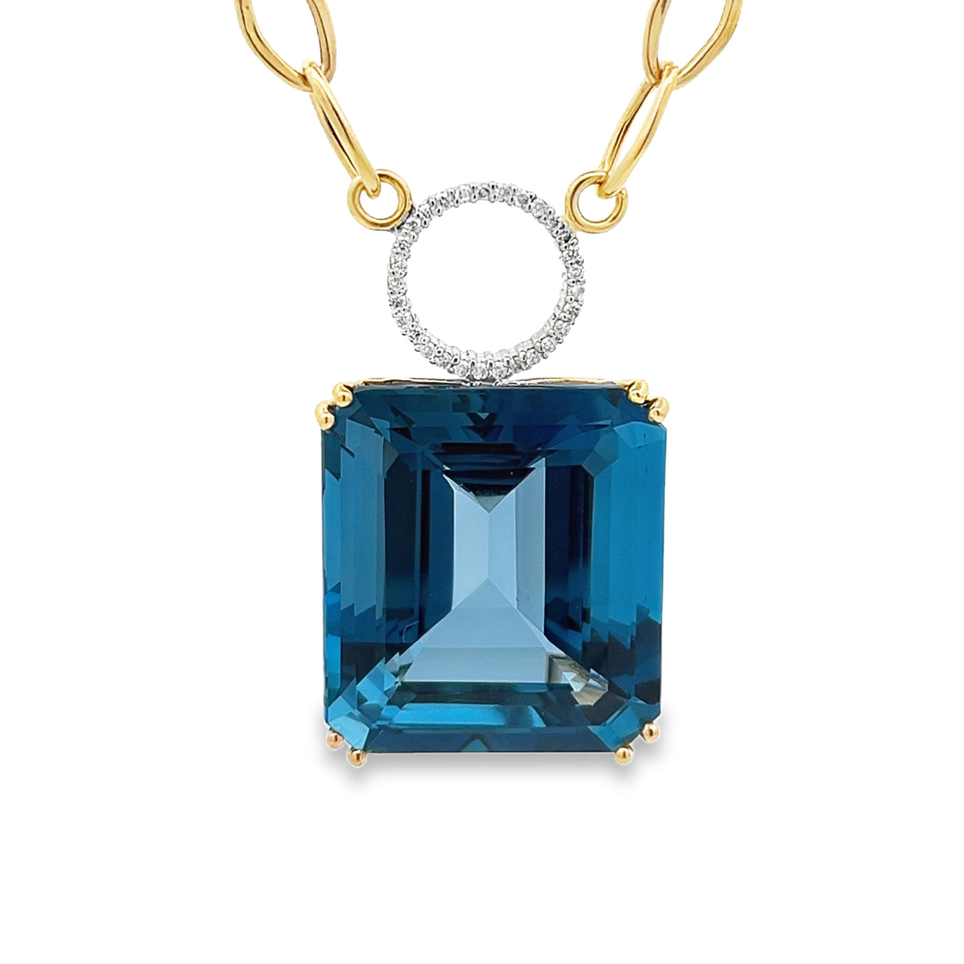 14k Yellow Gold Emerald Cut London Blue Topaz and Diamond Necklace (85.95ct.)