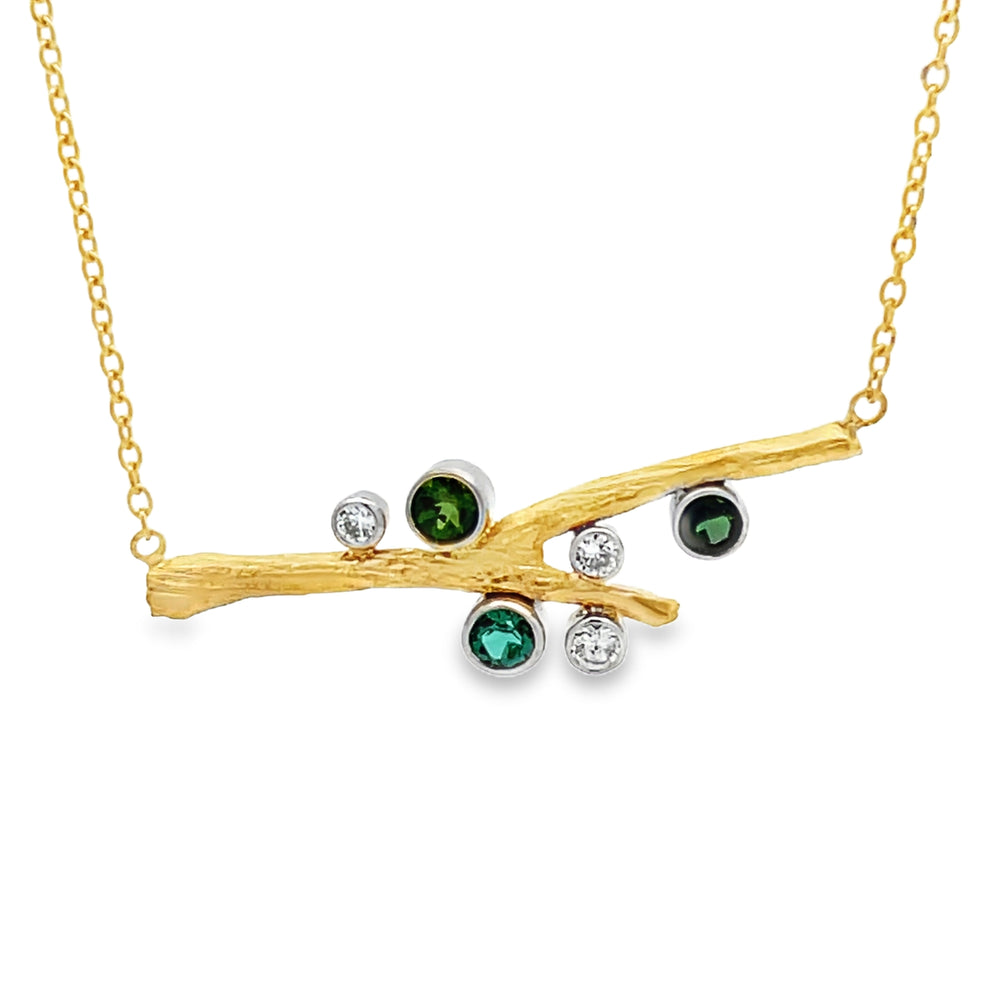 14k Yellow Gold Round Green Tourmaline and Diamond Branches Necklace by Paul Richter