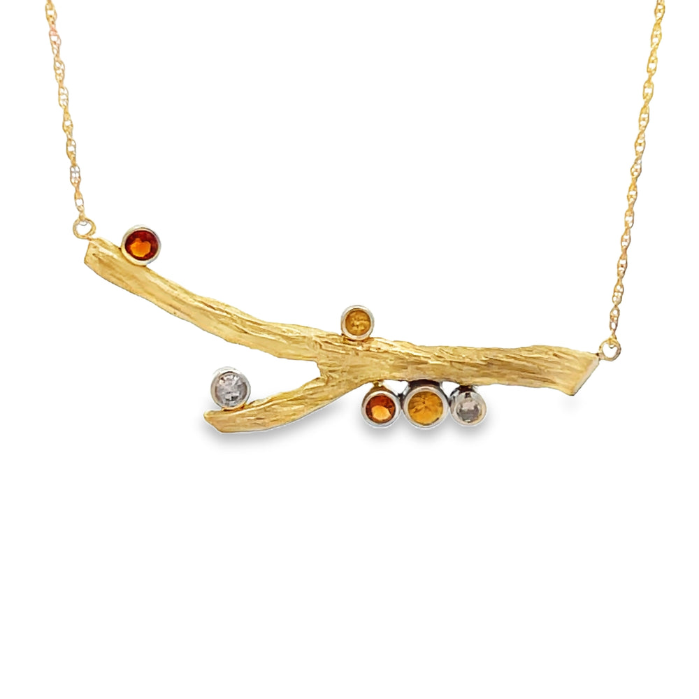 14k Yellow Gold Round Citrine and Diamond Branches Necklace by Paul