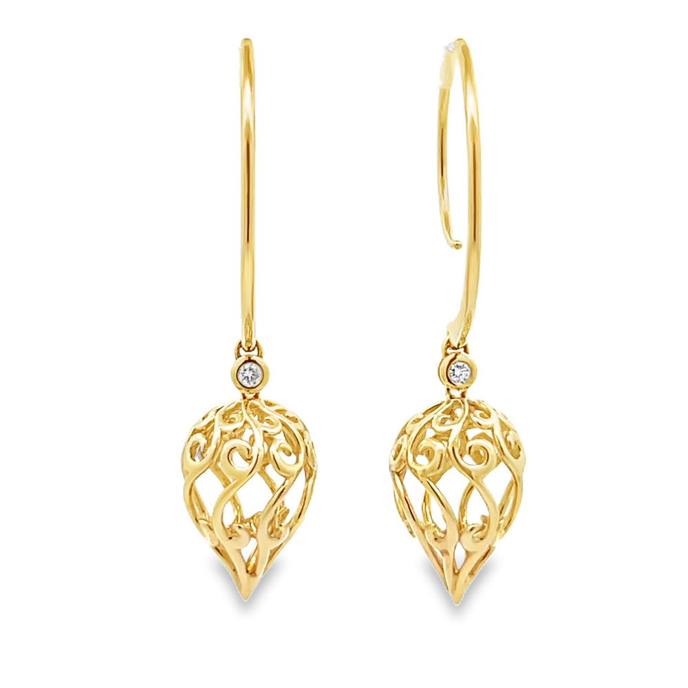 14k Yellow Gold Teardrop Shaped Round Diamond Bezel Set Drop Earrings (0.06ctw.)