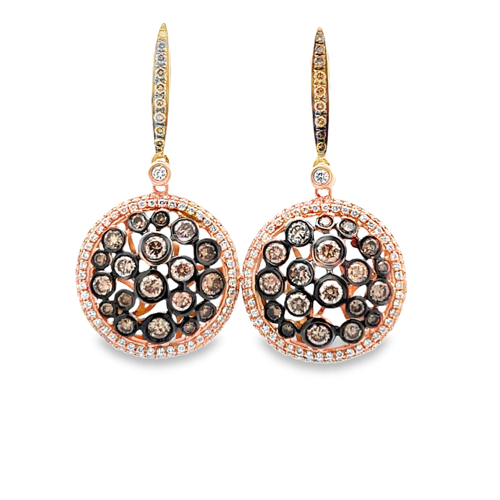 18k Rose Gold Round Brown and White Diamond Halo Disc Earrings (2.62ctw.)