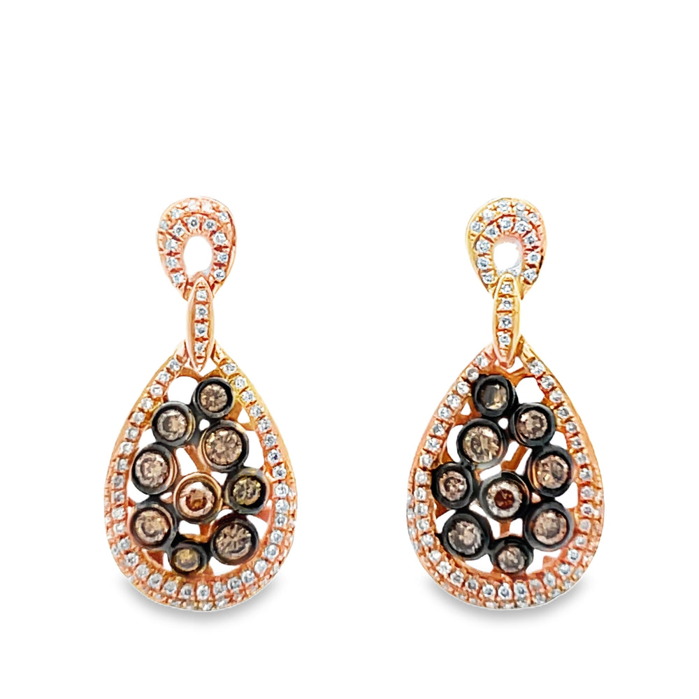 18k Rose Gold Brown and White Diamond Halo Drop Earrings (0.78ctw.)