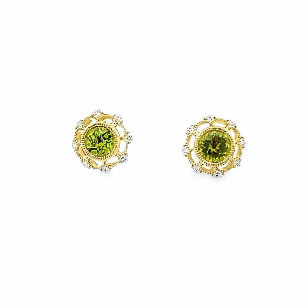 14k Yellow Gold Round Peridot and Diamond Bezel Set Halo Earrings (1.16ctw.)