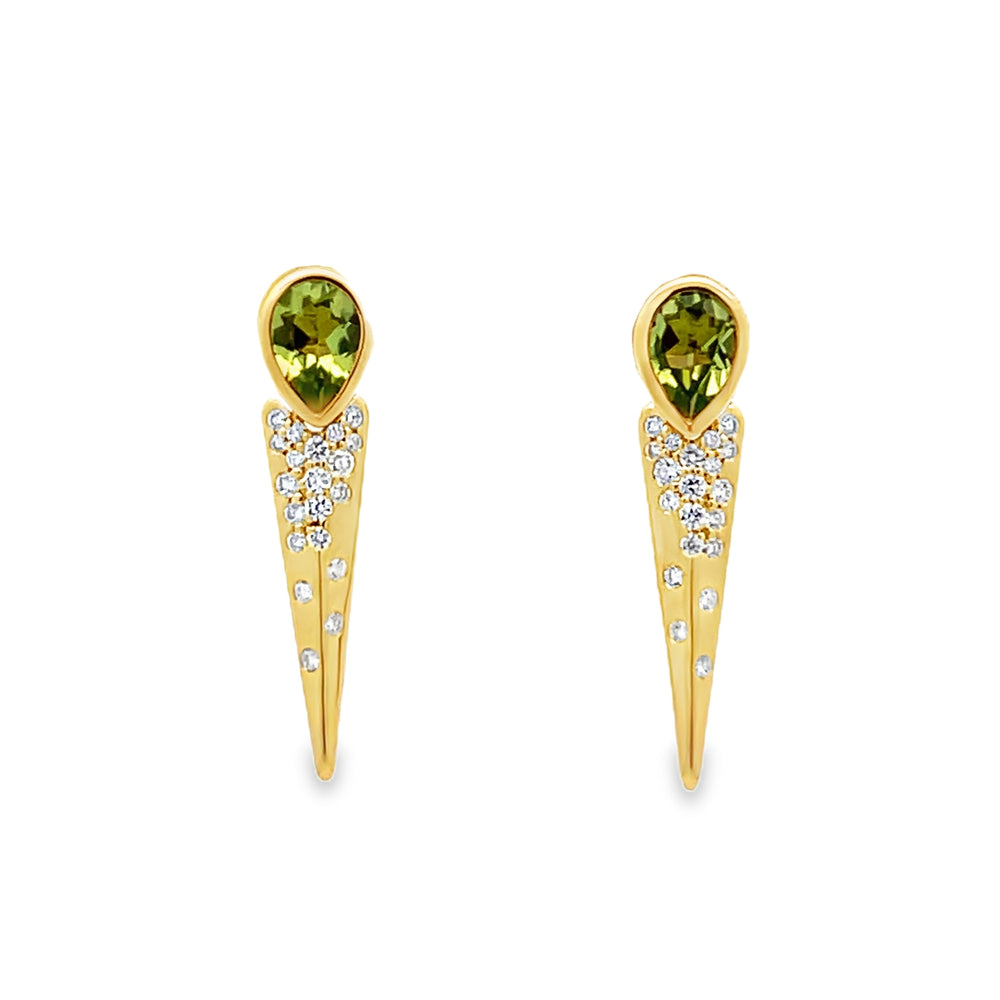 18k Yellow Gold Pear Shape Peridot and Round Diamond Earrings (0.79ctw.)