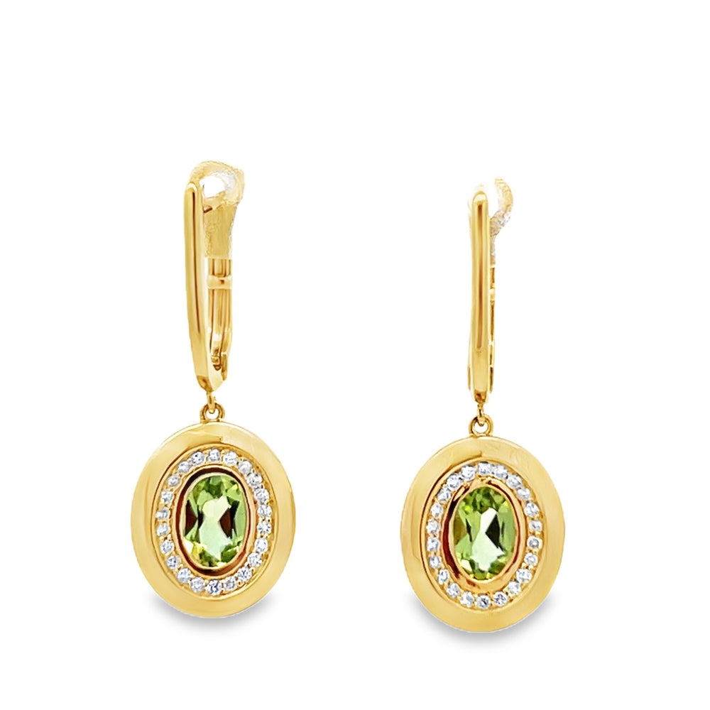 18k Yellow Gold Oval Peridot and Round Diamond Halo Drop Earrings (0.78ctw.)