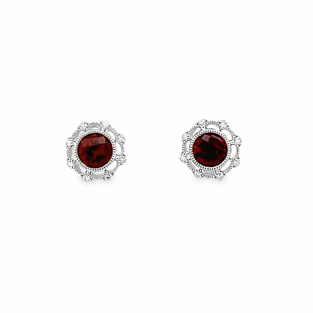 14k White Gold Round Garnet and Diamond Bezel Set Halo Earrings (1.32ctw.)