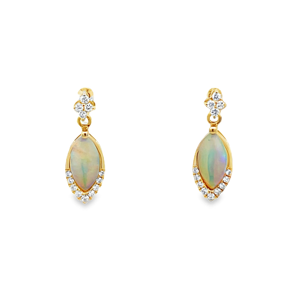 14k Yellow Gold Marquise Cut Opal and Round Diamond Earrings (0.49ctw.)