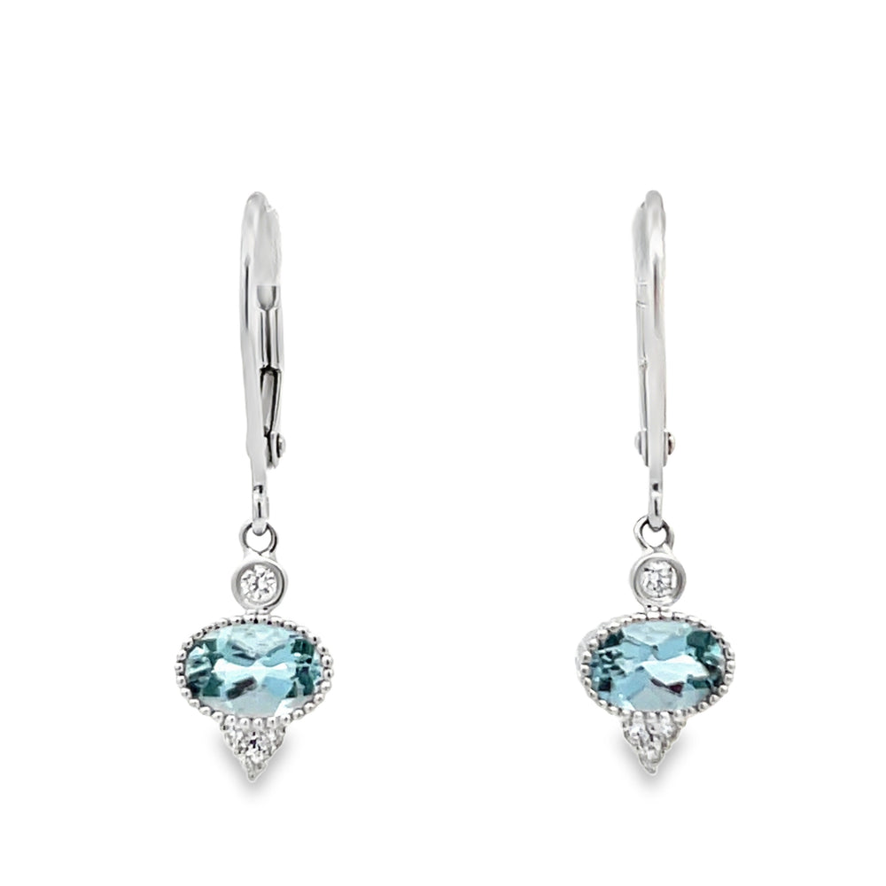 14k White Gold Oval Aquamarine and Round Diamond Bezel Set Drop Earrings (0.82ctw.)