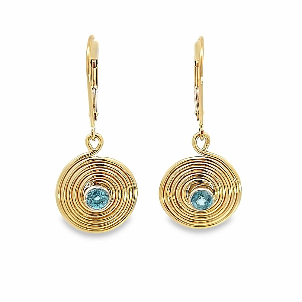 14k Yellow Gold Round Blue Zircon Solar Earrings by Paul Richter (0.40ctw.)