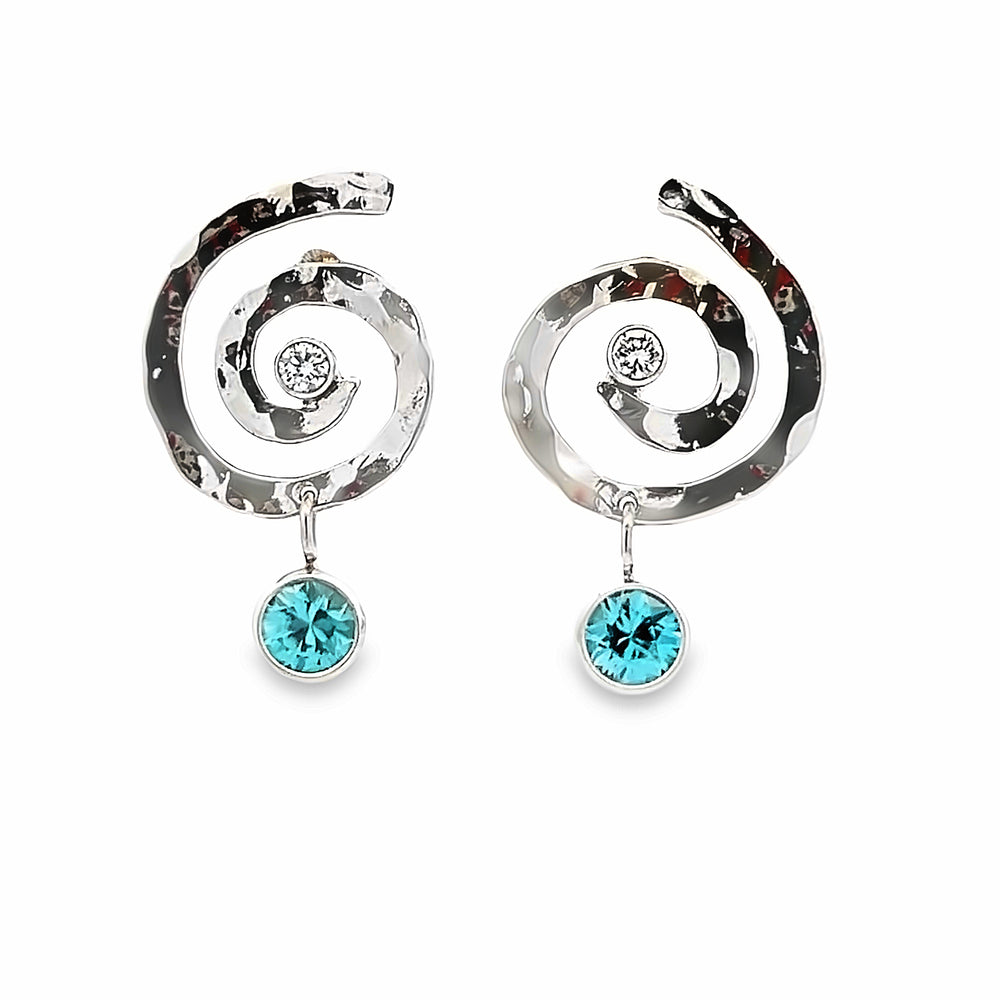 14k White Gold Round Blue Zircon and Diamond Spiral Bezel Set Earrings by Paul Richter (1.58ctw.)