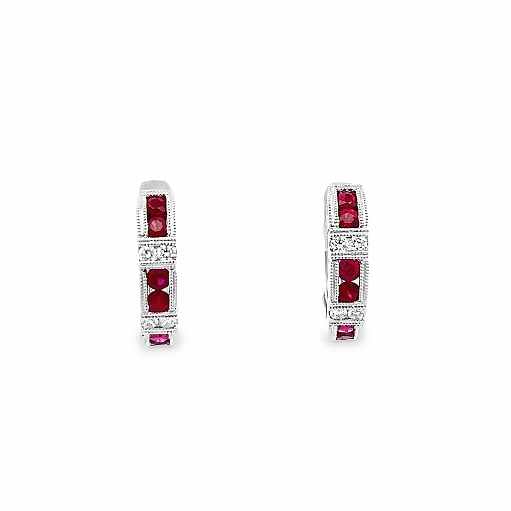 14k White Gold Round Ruby and Diamond Hoop Earrings (0.64ctw.)