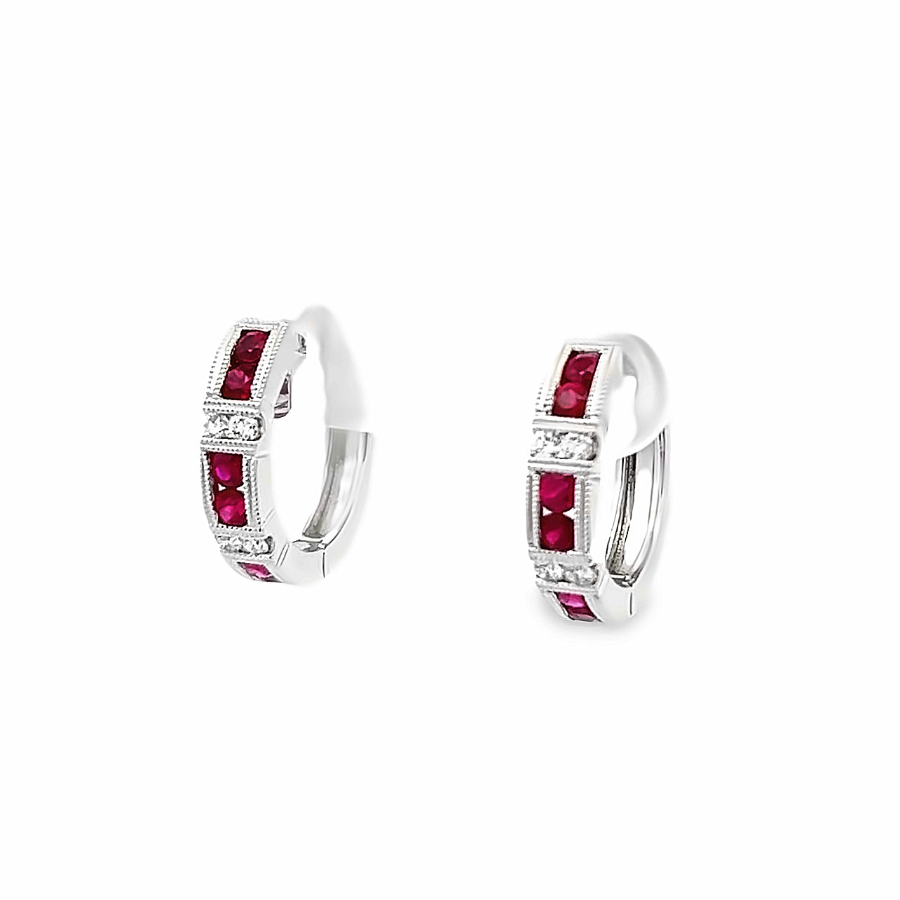 14k White Gold Round Ruby and Diamond Hoop Earrings (0.64ctw.)