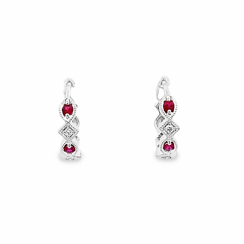 14k White Gold Round Ruby and Diamond Hoop Earrings (0.20ctw.)
