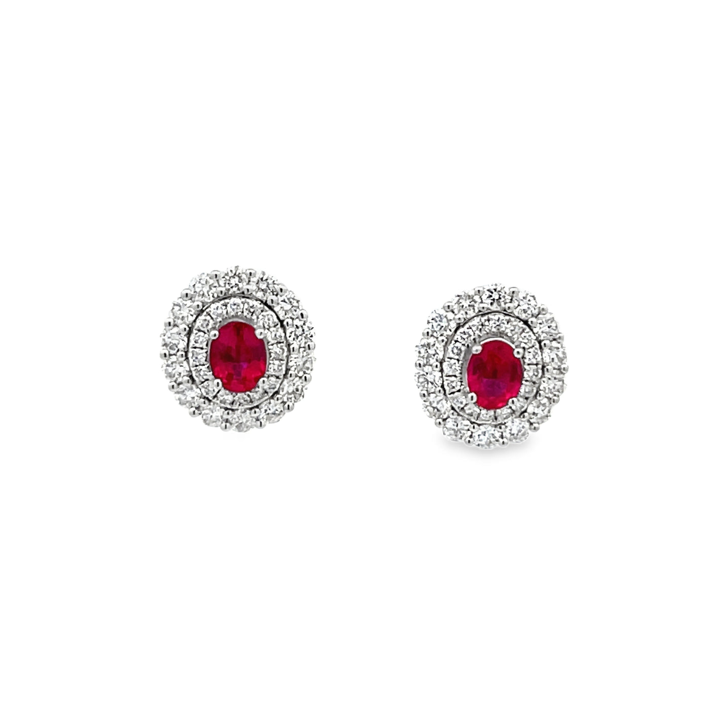 18k White Gold Oval Ruby and Round Diamond Halo Earrings (0.65ctw.)