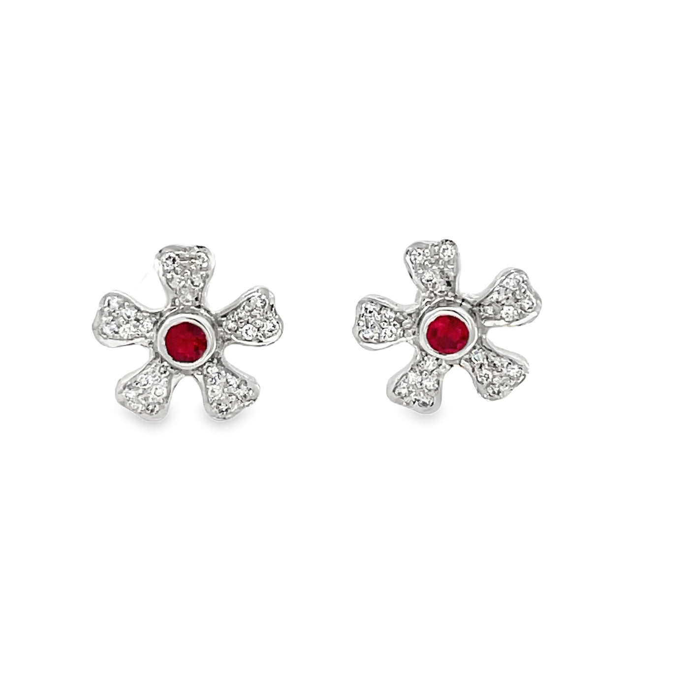18k Two-Tone White and Yellow Gold Round Ruby and Diamond Flower Earrings (0.27ctw.)