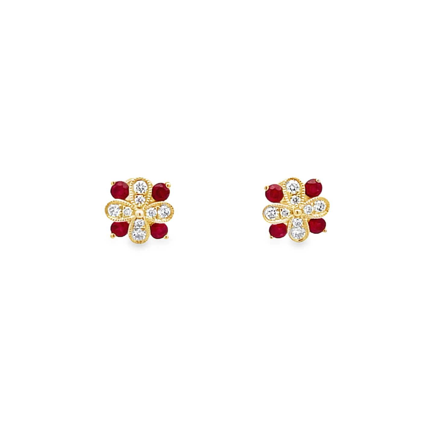 14k Yellow Gold Round Ruby and Diamond Flower Earrings (0.34ctw.)
