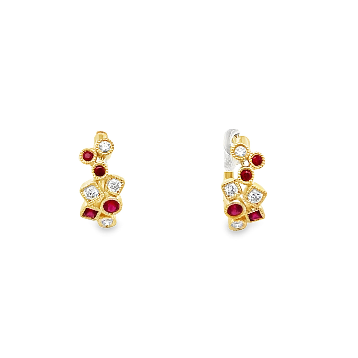 14k Yellow Gold Round Ruby and Diamond Huggie Hoop Earrings (0.25ctw.)
