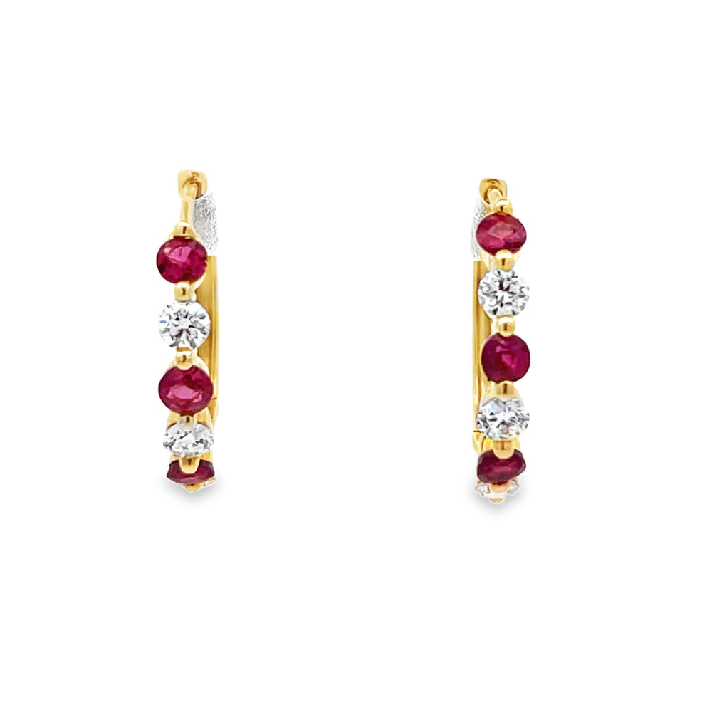 14k Yellow Gold Round Ruby and Diamond Hoop Earrings (0.74ctw.)