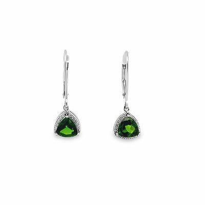 14k White Gold Trillion Cut Green Chrome Diopside and Diamond Halo Drop Earrings (0.70ctw.)
