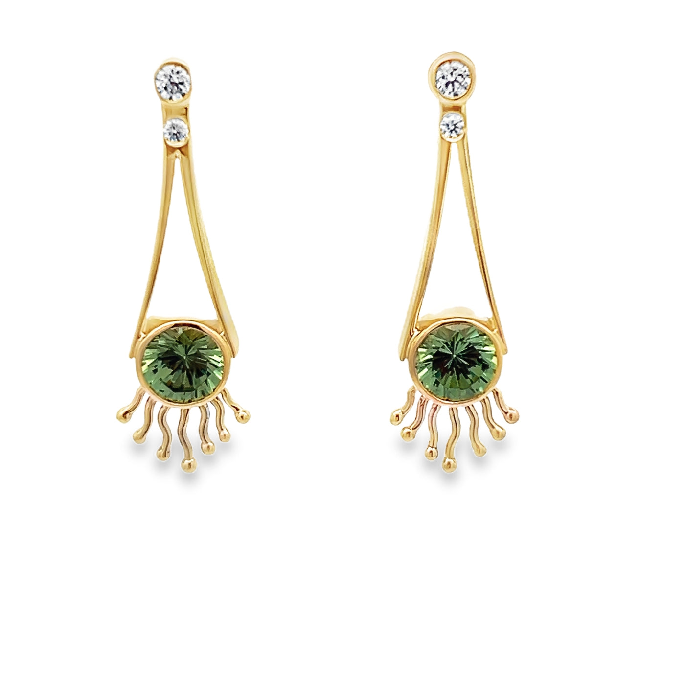 Estate 14k Yellow Gold Demantoid Garnet and Diamond Bezel Set Drop Earrings (1.0ctw.)