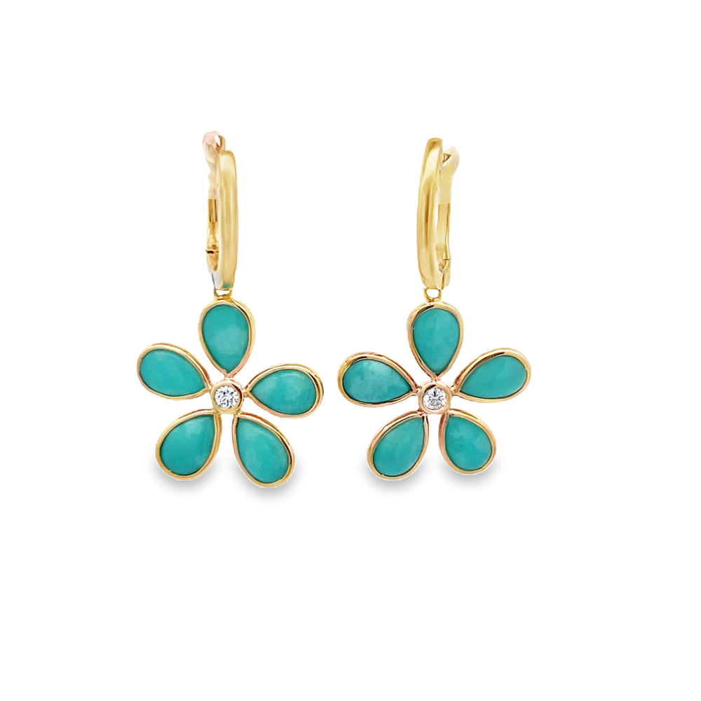 14k Yellow Gold Pear Shape Turquoise and Round Diamond Bezel Set Flower Drop Earrings (6x4mm)