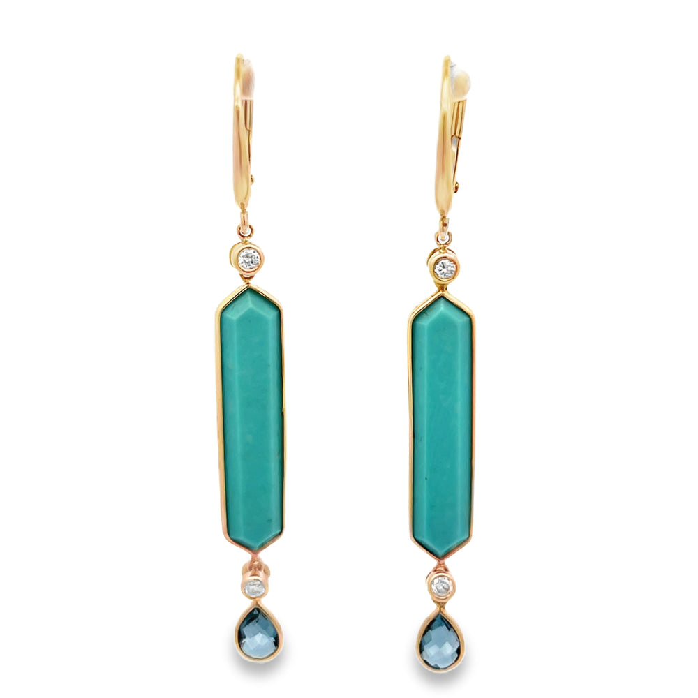 14k Yellow Gold Turquoise, Diamond and Blue Topaz Bezel Set Drop Earrings (25x5mm)