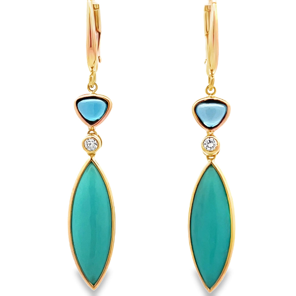 14k Yellow Gold Briolette Turquoise and Blue Topaz Bezel Set Drop Earrings