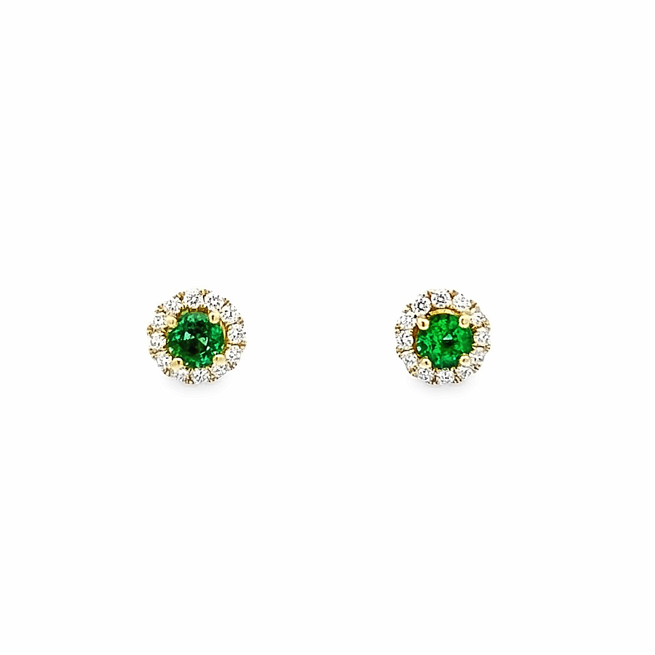 14k Yellow Gold Round Emerald and Diamond Halo Earrings (0.41ctw.)