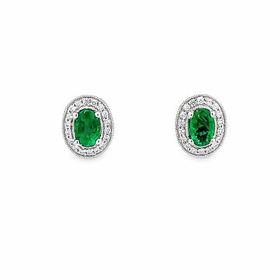 14k White Gold Oval Emerald and Diamond Halo Earrings (0.67ctw.)