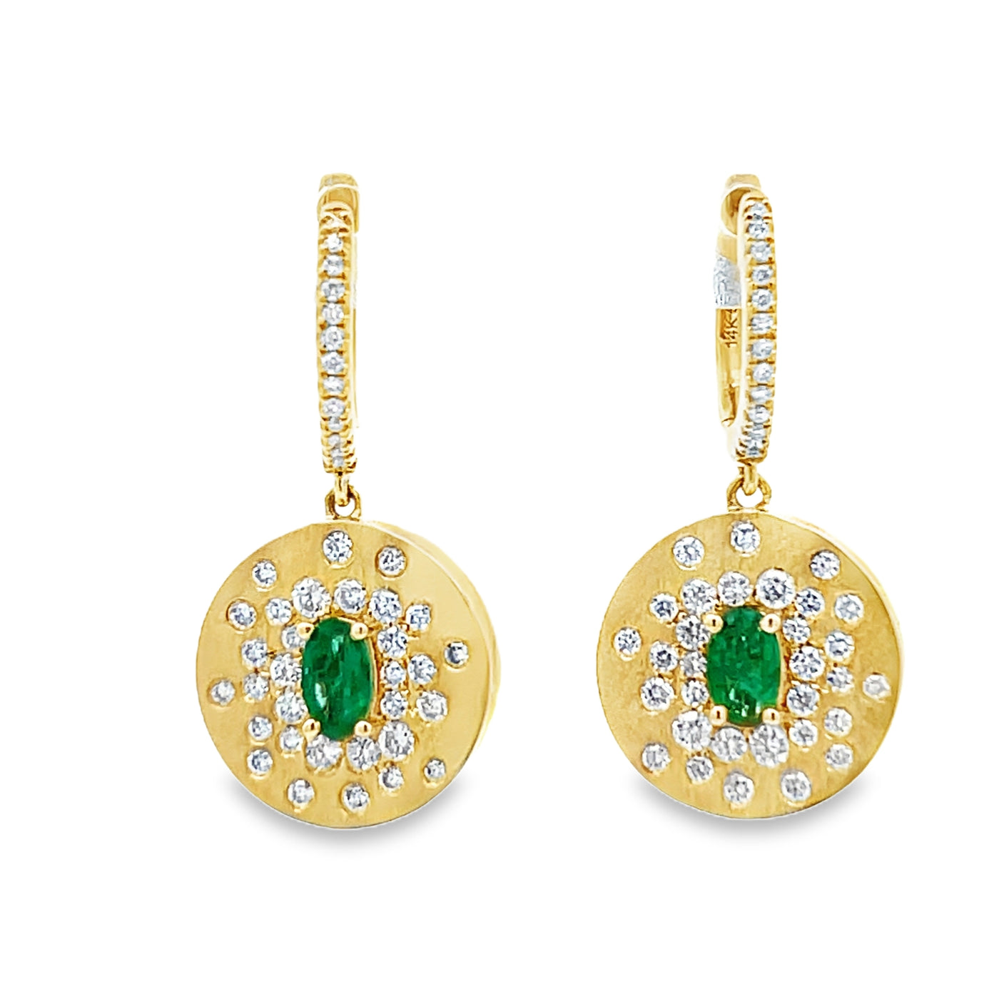 14k Yellow Gold Oval Emerald and Round Diamond Drop Disc Earrings (0.43ctw.)