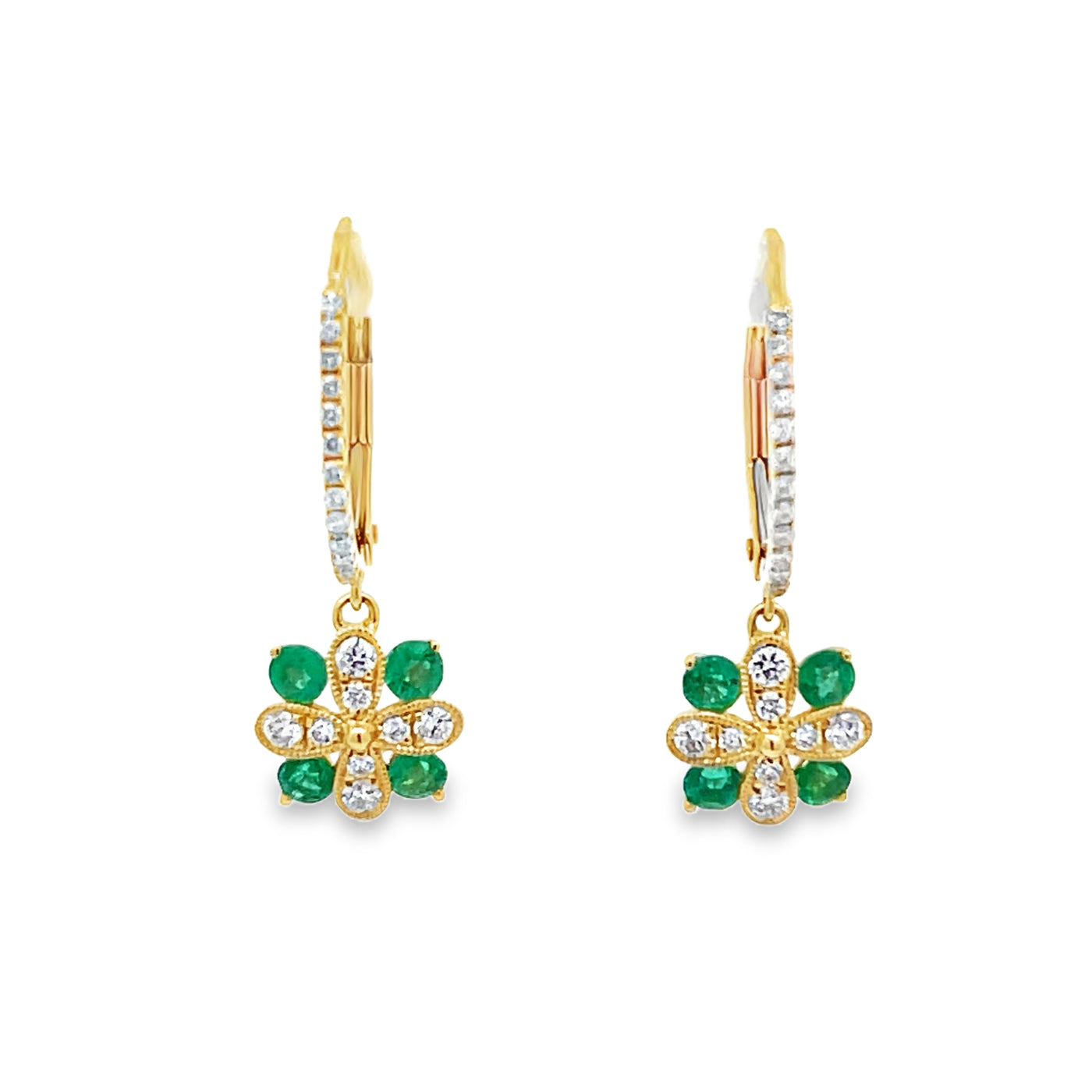 14k Yellow Gold Round Emerald and Diamond Flower Earrings (0.48ctw.)