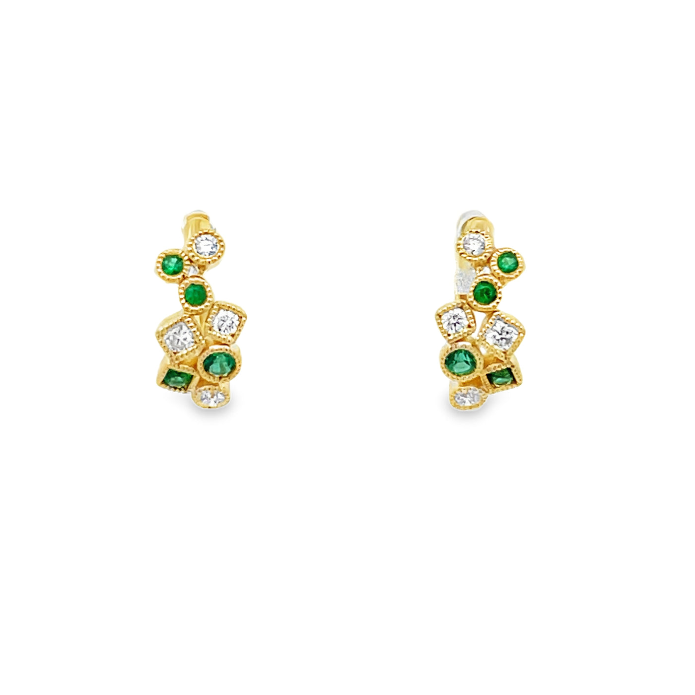 14k Yellow Gold Round Emerald and Diamond Huggie Hoop Earrings (0.13ctw.)