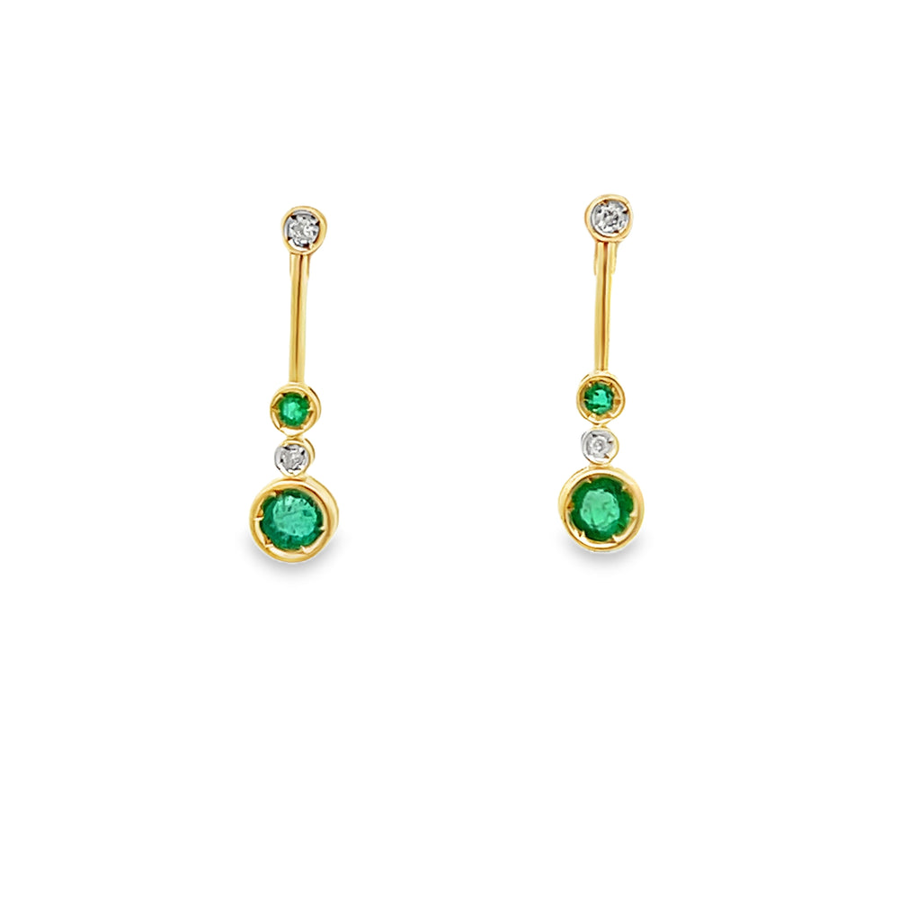 Estate 14k Yellow Gold Round Emerald and Diamond Bezel Set Drop Earrings (0.35ctw.)