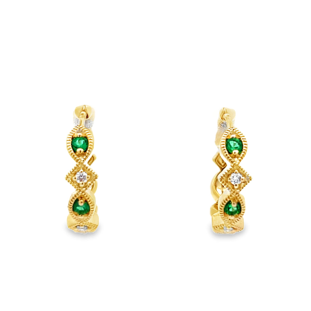 14k Yellow Gold Round Emerald and Diamond Hoop Earrings (0.16ctw.)