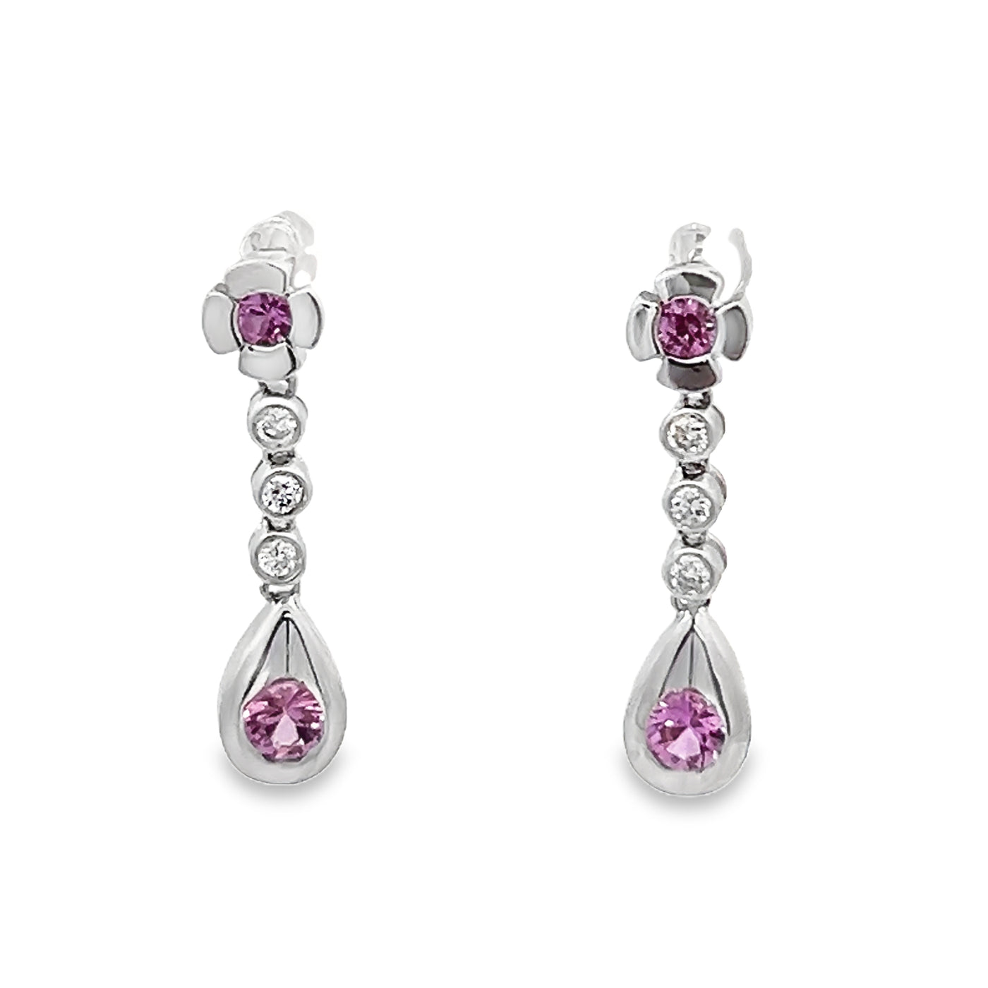 14k White Gold Round Pink Sapphire and Diamond Bezel Set Drop Earrings  (0.53ctw)