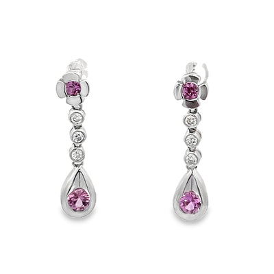 14k White Gold Round Pink Sapphire and Diamond Bezel Set Drop Earrings  (0.53ctw)