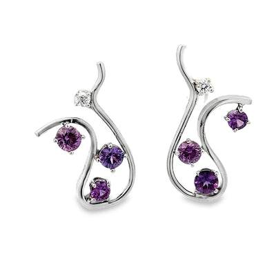 14k White Gold Round Purple Sapphire and Diamond Earrings by Paul Richter (1.64ctw.)