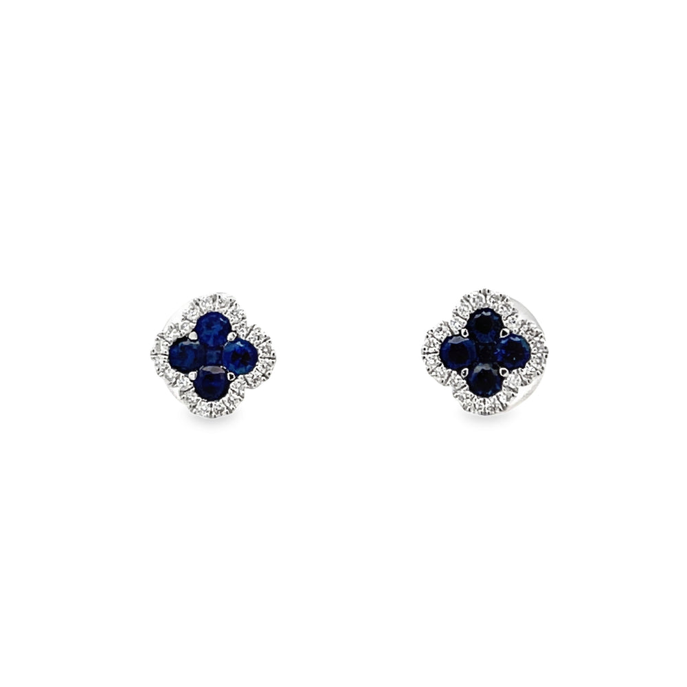 14k White Gold Round Blue Sapphire and Diamond Clover Halo Earrings (0.53ctw.)