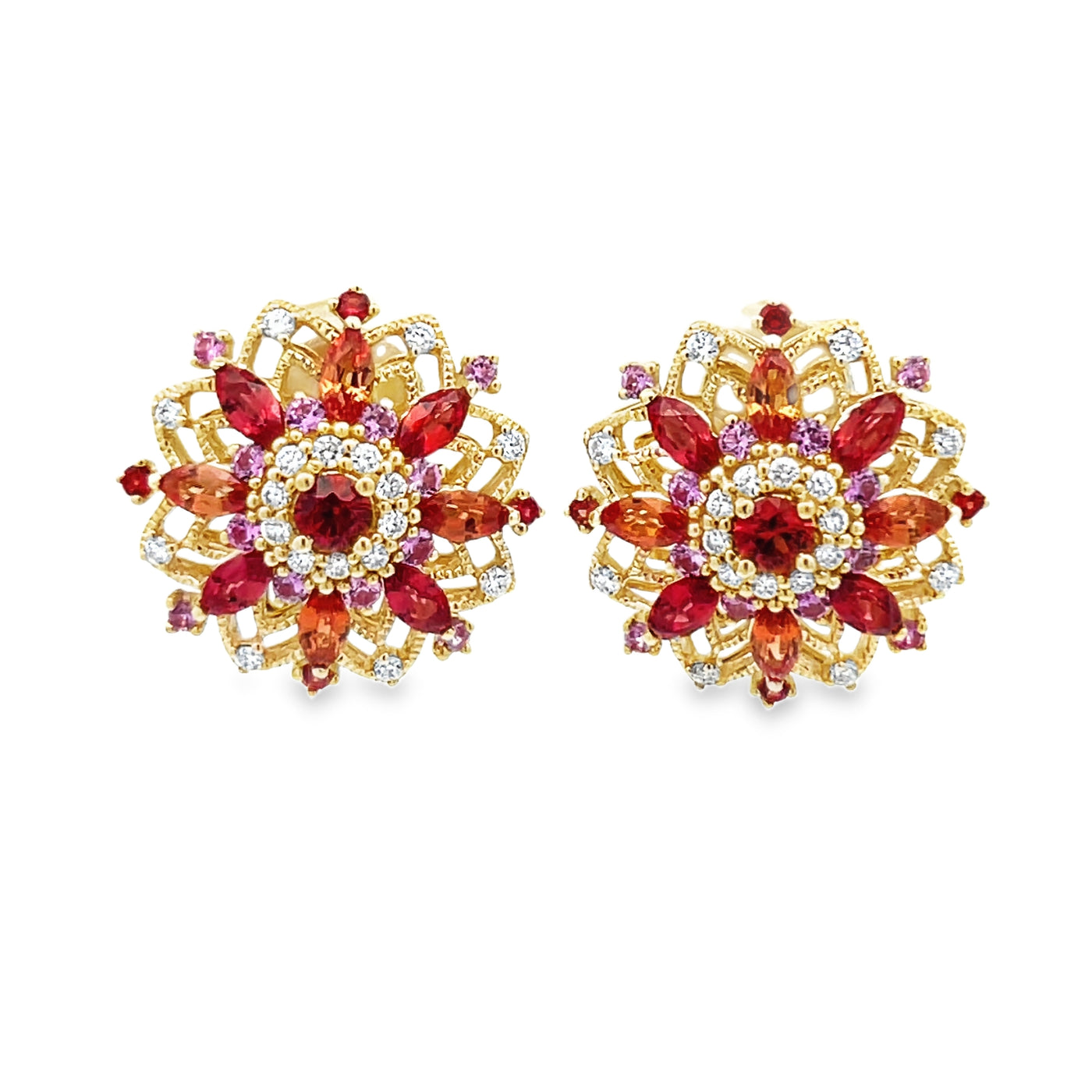 14k Yellow Gold Round Multicolor Sapphire and Diamond Floral Triple Halo Earrings (2.05ctw.)