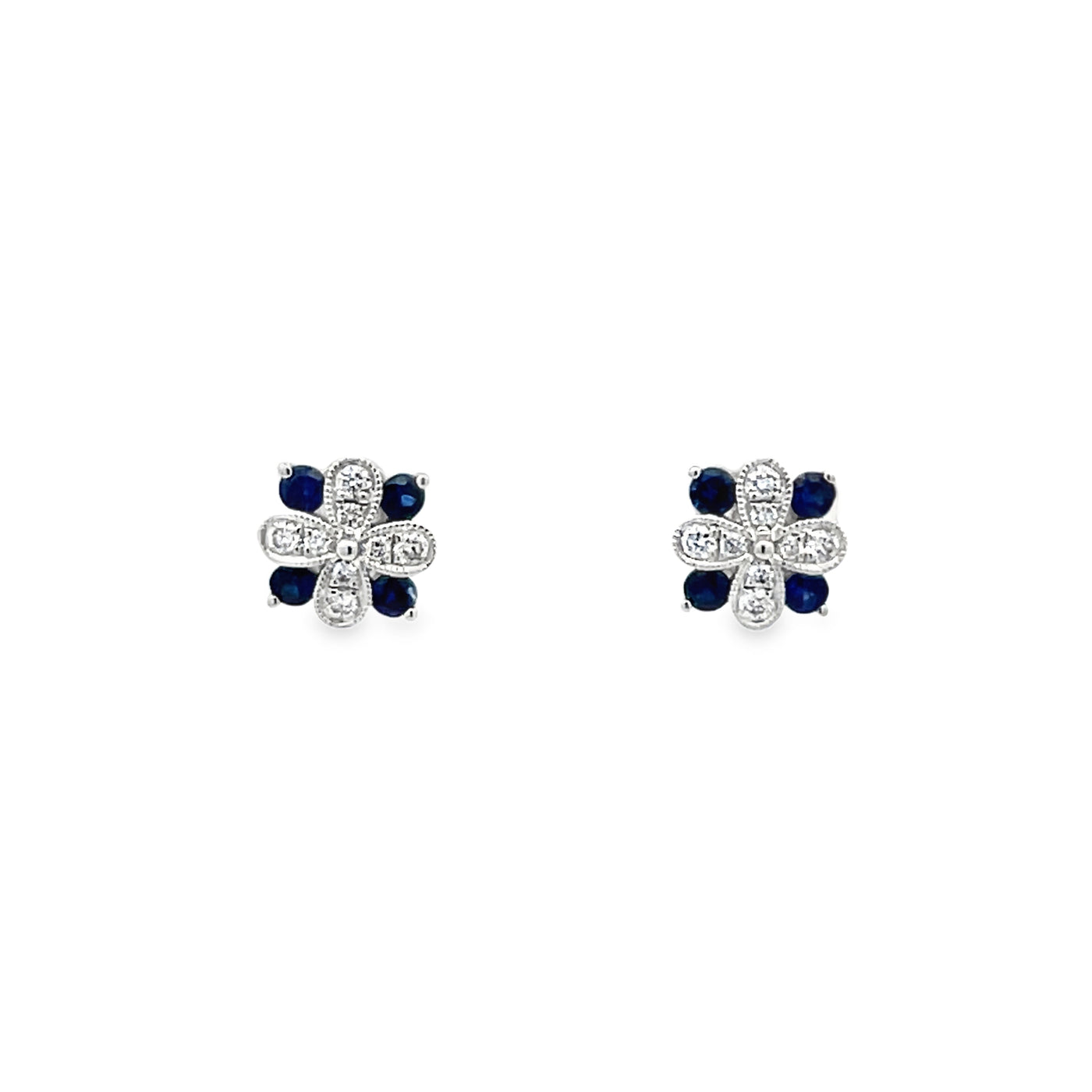 14k White Gold Round Sapphire and Diamond Flower Earrings (0.35ctw.)