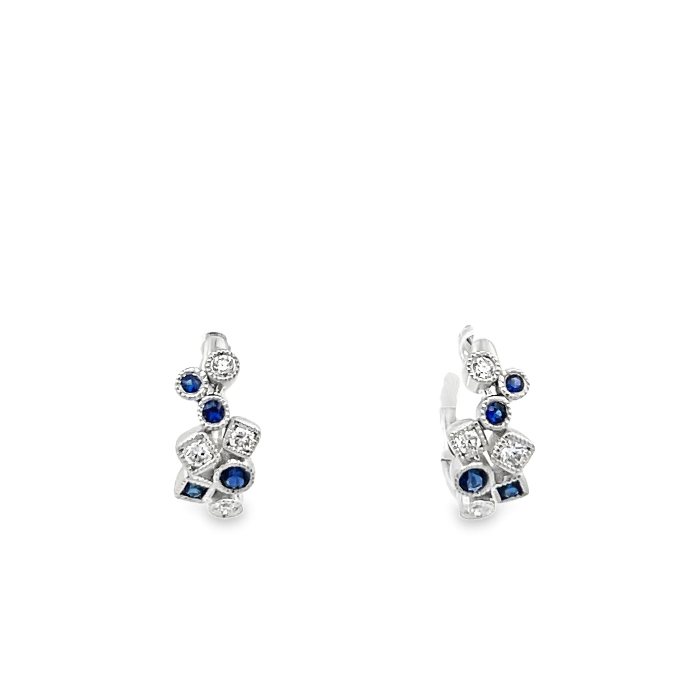 14k White Gold Round Sapphire and Diamond Huggie Hoop Earrings (0.20ctw.)